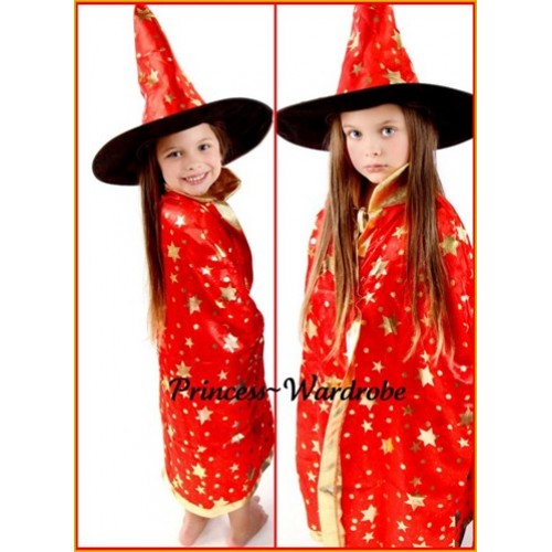 Halloween Witch Red Star Cape Hat Party Costume C84 